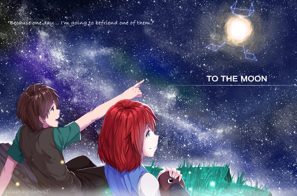 Anime picture 1250x825 with original hews short hair open mouth blue eyes smile brown hair red hair night couple pointing girl boy moon star (stars)