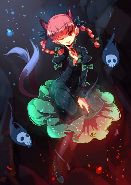 Anime picture 707x1000 with touhou kaenbyou rin yetworldview kaze single long hair tall image looking at viewer fringe red eyes animal ears red hair tail braid (braids) animal tail one eye closed wink pointy ears cat ears cat girl cat tail