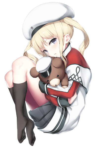 Anime picture 622x946 with kantai collection graf zeppelin (kantai collection) fueru nattou single long hair tall image looking at viewer blush blonde hair simple background white background twintails purple eyes payot full body bent knee (knees) parted lips pleated skirt no shoes hug