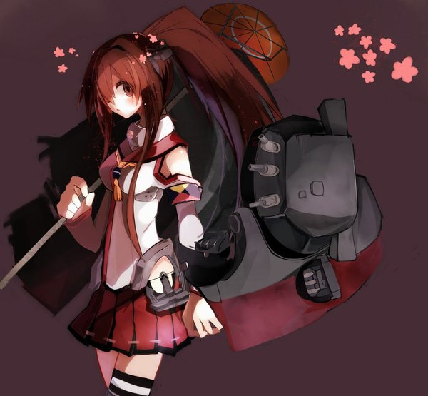 Anime picture 1000x925 with kantai collection yamato super battleship kokakimumose single long hair looking at viewer blush fringe simple background brown hair brown eyes ponytail pleated skirt hair flower hair over one eye girl thighhighs skirt hair ornament flower (flowers)
