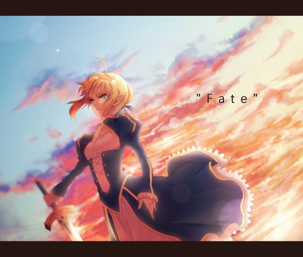 Anime picture 1613x1369 with fate (series) fate/stay night fate/zero studio deen type-moon artoria pendragon (all) saber ohagi (ymnky) single fringe blonde hair standing green eyes sky cloud (clouds) wind evening sunset serious girl