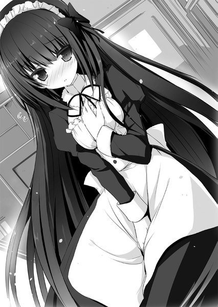 Anime picture 1135x1600 with seirei tsukai no blade dance restia ashdoll nimura yuuji single tall image looking at viewer blush fringe breasts hair between eyes upper body indoors very long hair official art maid dutch angle embarrassed outstretched arm hand on chest monochrome