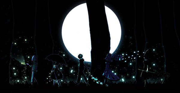 Anime picture 1500x775 with original harada miyuki wide image holding outdoors profile night glowing hand in pocket walking glow dress plant (plants) insect moon umbrella pants grass full moon lantern