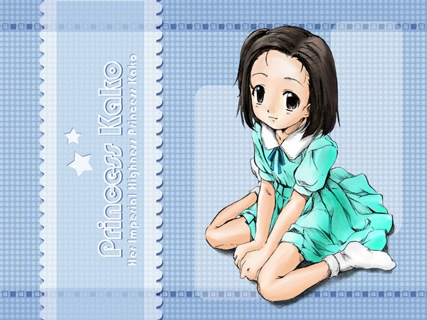 Anime picture 1024x768 with real life kako-hime single looking at viewer short hair black hair sitting brown eyes full body wallpaper no shoes character names one side up wariza girl dress socks
