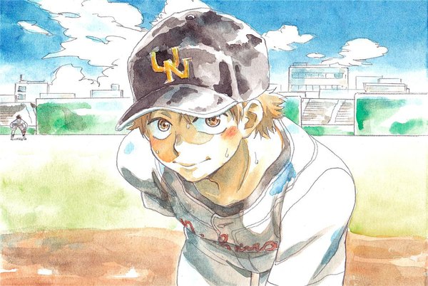 Anime picture 1194x800 with ookiku furikabutte a-1 pictures mihashi ren single sweat traditional media watercolor (medium) baseball boy hat baseball uniform