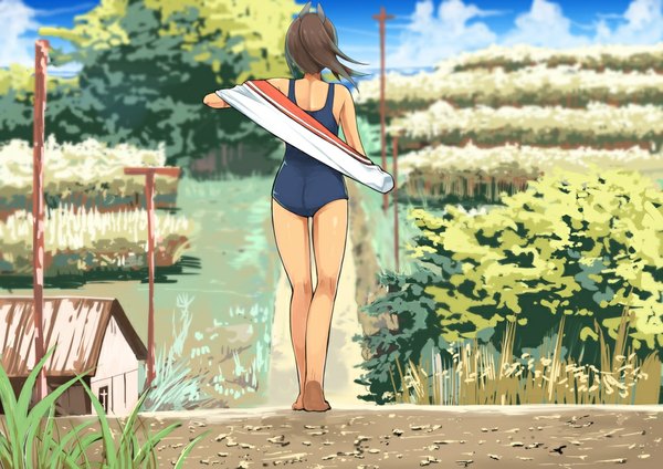 Anime picture 1000x708 with kantai collection i-401 aircraft carrying submarine i-401 (kantai collection) body mahattaya ginga single long hair brown hair barefoot from behind bare legs walking field girl swimsuit plant (plants) building (buildings) grass one-piece swimsuit school swimsuit clothes