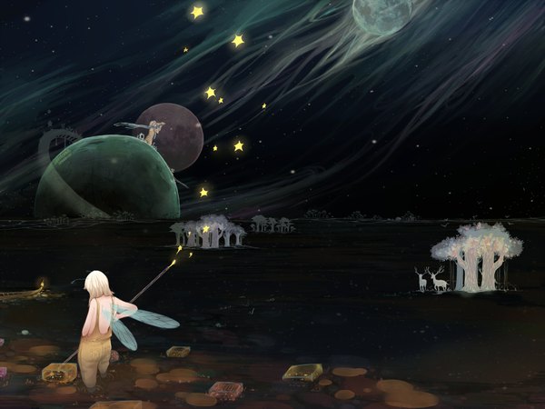 Anime picture 2000x1500 with original amurasaki (artist) highres blonde hair from behind night night sky back landscape fantasy scenic space silhouette aurora borealis girl plant (plants) animal wings tree (trees) water