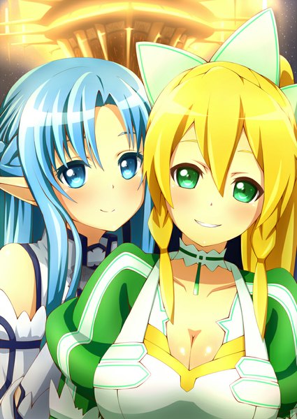 Anime picture 716x1011 with sword art online a-1 pictures yuuki asuna leafa asuna (sao-alo) jampen long hair tall image looking at viewer blue eyes blonde hair smile multiple girls green eyes blue hair pointy ears girl dress 2 girls