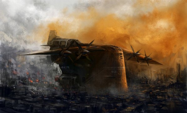 Anime picture 1600x971 with original gin@ (pixiv) wide image city smoke ruins aircraft airplane airship