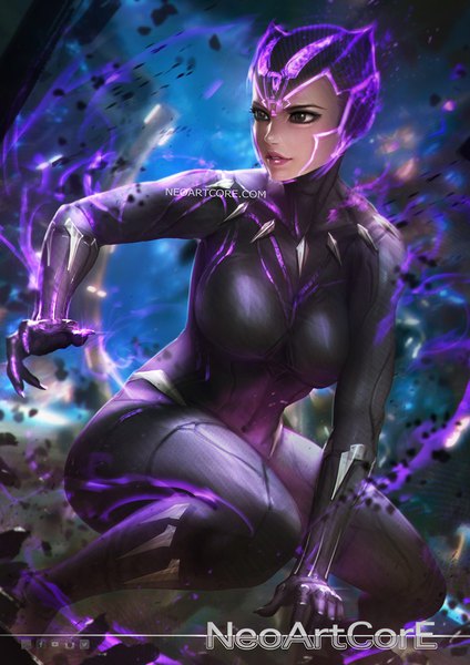 Anime picture 800x1132 with marvel comics black panther nudtawut thongmai single tall image breasts large breasts brown eyes signed looking away parted lips lips realistic thighs squat eyeshadow genderswap aura girl bodysuit