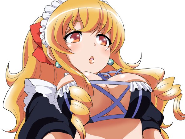 Anime picture 1200x900 with shirobako exodus! p.a. works alpine (exodus!) parumezan single long hair blush fringe breasts light erotic simple background blonde hair large breasts white background looking away parted lips lips open clothes maid