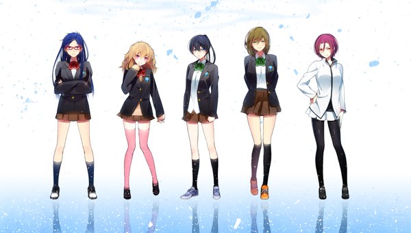 Anime picture 2200x1250 with free! kyoto animation matsuoka rin nanase haruka (free!) tachibana makoto hazuki nagisa ryugazaki rei hakusai (tiahszld) long hair highres blue eyes black hair blonde hair smile red eyes brown hair wide image multiple girls green eyes blue hair