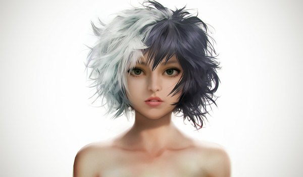 Anime picture 1000x585 with original jace-wallace single looking at viewer fringe short hair open mouth simple background wide image white background bare shoulders multicolored hair lips realistic two-tone hair teeth girl