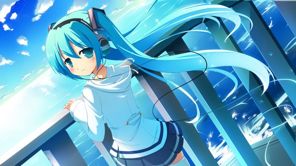 Anime picture 1830x1029 with vocaloid hatsune miku masaki (machisora) single long hair highres wide image twintails cloud (clouds) looking back aqua eyes aqua hair loli girl headphones wire (wires)