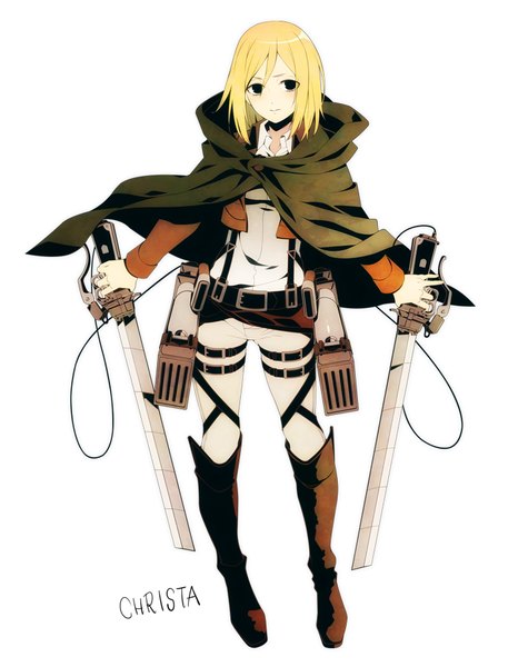Anime picture 710x896 with shingeki no kyojin production i.g krista lenz 8055 single tall image looking at viewer short hair blonde hair simple background standing white background black eyes character names girl weapon sword cape knee boots