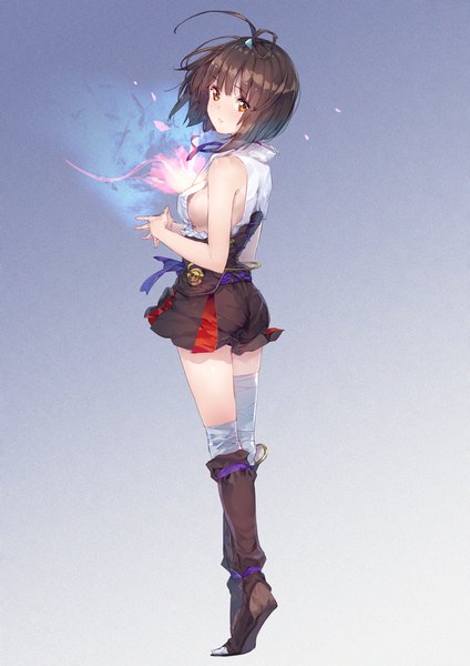 Anime picture 707x1000 with koutetsujou no kabaneri wit studio mumei (kabaneri) yuugen single tall image looking at viewer short hair simple background brown hair brown eyes full body looking back from behind sleeveless sideboob girl skirt miniskirt choker