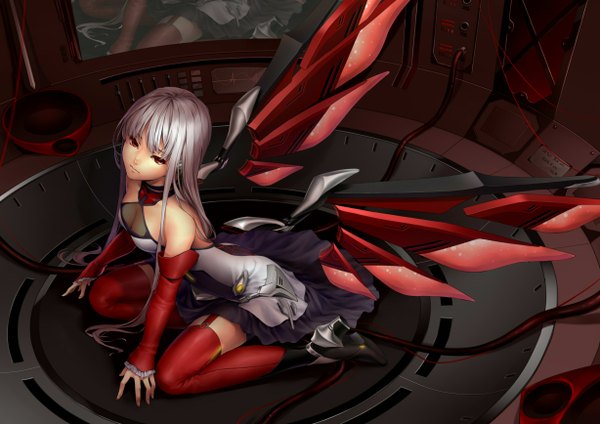 Anime picture 1228x868 with hinase kanoto single long hair looking at viewer sitting bare shoulders pink eyes from above grey hair kneeling reflection looking up mechanical mechanical wings girl thighhighs dress detached sleeves wings wire (wires)