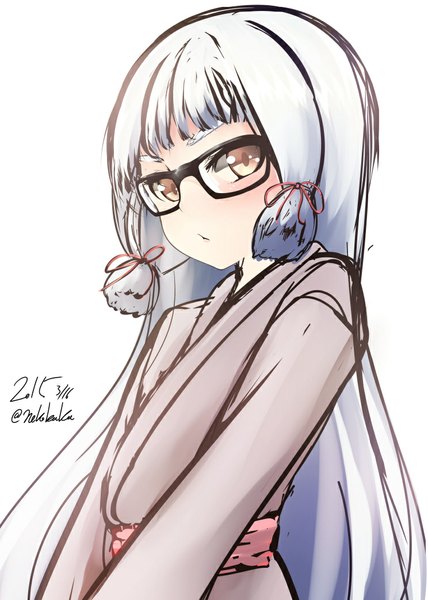 Anime picture 744x1044 with kantai collection murakumo destroyer nekobaka single long hair tall image looking at viewer blush simple background white background brown eyes signed silver hair traditional clothes japanese clothes inscription alternate costume dated tress ribbon bespectacled
