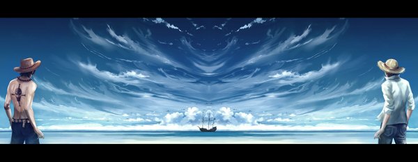 Anime picture 1800x700 with one piece toei animation monkey d. luffy portgas d. ace megatruh highres short hair black hair wide image sky cloud (clouds) from behind tattoo letterboxed topless scenic boy hat shirt bracelet