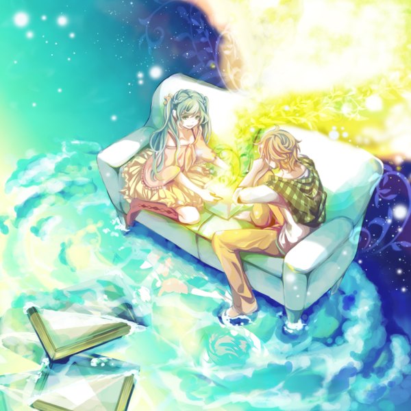 Anime picture 1240x1240 with vocaloid hatsune miku kagamine len long hair short hair blonde hair sitting twintails looking away barefoot aqua eyes aqua hair light girl thighhighs dress boy water book (books) star (stars)