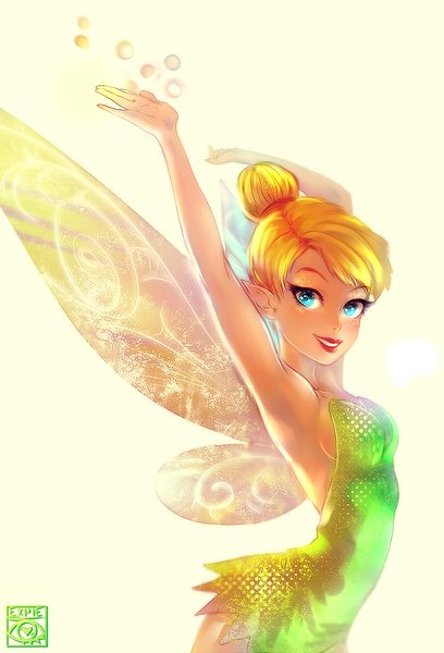 Anime picture 748x1100 with peter pan tinkerbell (character) e-x-p-i-e single tall image looking at viewer short hair blue eyes simple background blonde hair smile aqua eyes lips pointy ears arms up hair bun (hair buns) sleeveless arms behind head eyeshadow fantasy