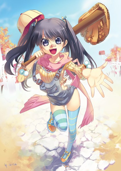 Anime picture 827x1169 with original cu-rim single long hair tall image looking at viewer open mouth blue eyes black hair twintails bandaid on nose girl thighhighs scarf striped thighhighs bandaid flat cap overalls baseball bat