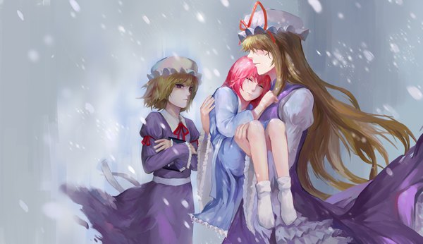 Anime picture 3981x2300 with touhou yakumo yukari saigyouji yuyuko maribel hearn jiliang ji ying long hair fringe highres short hair blonde hair smile wide image purple eyes multiple girls looking away pink hair absurdres eyes closed long sleeves wind