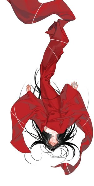 Anime picture 700x1383 with original naked cat single tall image fringe black hair simple background white background lying long sleeves very long hair black eyes on back upside down girl dress red dress