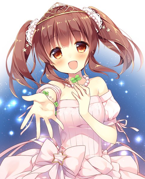 Anime picture 648x803 with idolmaster idolmaster cinderella girls ogata chieri suimya single tall image looking at viewer blush fringe short hair open mouth brown hair twintails bare shoulders brown eyes payot head tilt :d sparkle short twintails