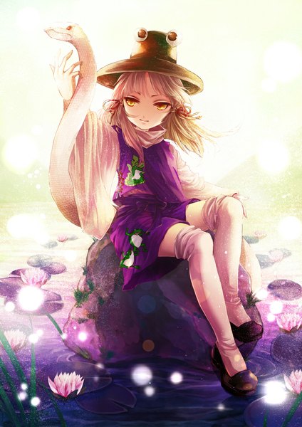 Anime picture 800x1131 with touhou moriya suwako mishaguji awa toka single long hair tall image blonde hair sitting yellow eyes looking away rock girl thighhighs dress flower (flowers) hat animal white thighhighs water