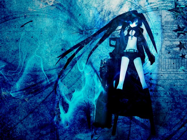 Anime picture 1600x1200 with black rock shooter black rock shooter (character) huke twintails blue background girl