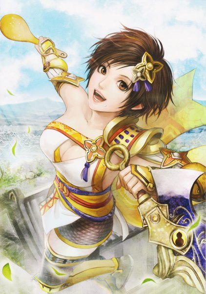 Anime picture 3275x4656 with sengoku musou nene (samurai warriors) midori foo single tall image looking at viewer fringe highres short hair breasts open mouth smile brown hair large breasts holding brown eyes absurdres sky cleavage cloud (clouds)