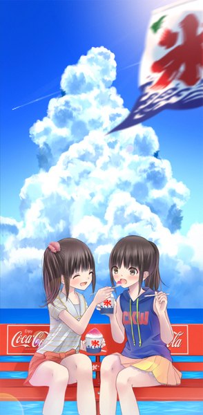 Anime picture 877x1785 with original chikuwa (odennabe) long hair tall image blush open mouth black hair brown hair sitting multiple girls sky cloud (clouds) bent knee (knees) ponytail eyes closed pleated skirt bare legs product placement girl skirt