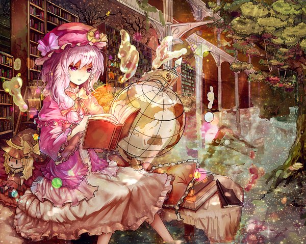 Anime picture 1500x1199 with touhou kirisame marisa patchouli knowledge kiyomasa ren single long hair sitting purple eyes purple hair girl dress bow plant (plants) tree (trees) book (books) bonnet shelf bookshelf doll (dolls) globe