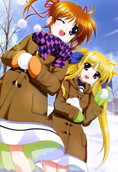 Anime picture 4090x5942 with mahou shoujo lyrical nanoha nyantype fate testarossa takamachi nanoha long hair tall image blush highres open mouth blue eyes blonde hair red eyes twintails multiple girls absurdres one eye closed orange hair official art girl ribbon (ribbons)