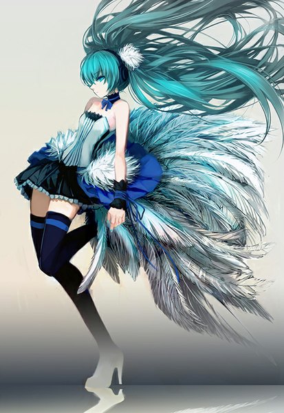 Anime picture 551x800 with 7th dragon 7th dragon 2020 vocaloid hatsune miku zen33n single long hair tall image fringe blue eyes standing blue hair bent knee (knees) shadow high heels reflection girl thighhighs dress black thighhighs