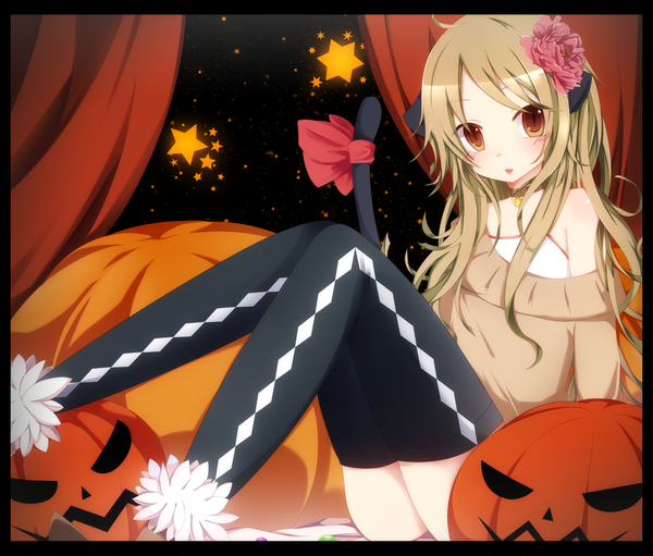 Anime picture 1358x1157 with original bloodcatblack (tsukiko) single long hair blush open mouth blonde hair brown eyes animal ears hair flower cat ears cat tail girl thighhighs hair ornament black thighhighs star (symbol) sweater vegetables pumpkin
