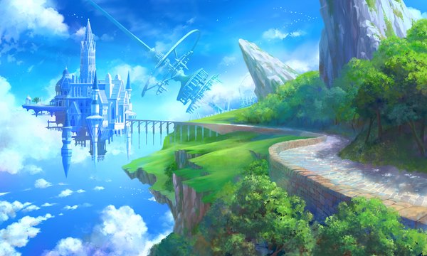 Anime picture 1000x600 with original kaitan wide image sky cloud (clouds) mountain no people landscape rock falling architecture floating island plant (plants) animal tree (trees) window bird (birds) building (buildings) grass forest