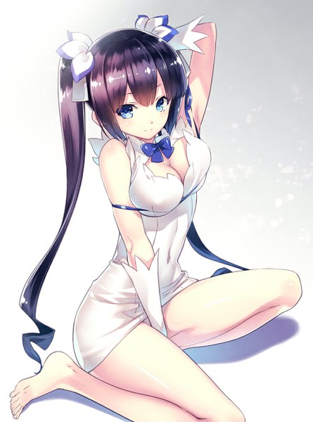 Anime picture 742x1000 with dungeon ni deai wo motomeru no wa machigatteiru darou ka j.c. staff hestia (danmachi) hirano katsuyuki single long hair tall image looking at viewer fringe breasts blue eyes light erotic black hair smile large breasts sitting twintails cleavage barefoot bare legs