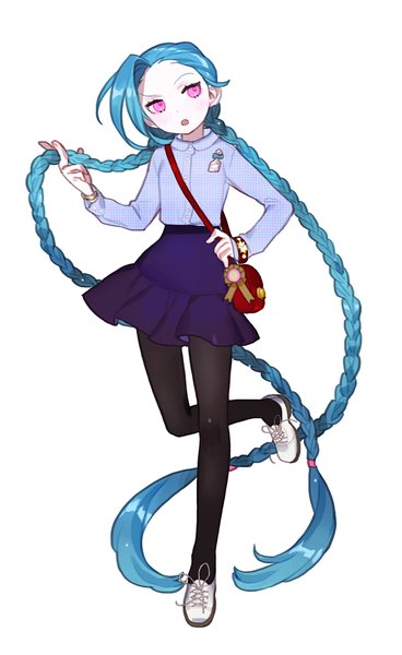 Anime picture 687x1120 with league of legends jinx (league of legends) gwayo single tall image blush open mouth simple background standing white background looking away bent knee (knees) braid (braids) very long hair pink eyes aqua hair alternate costume hand on hip twin braids lacing