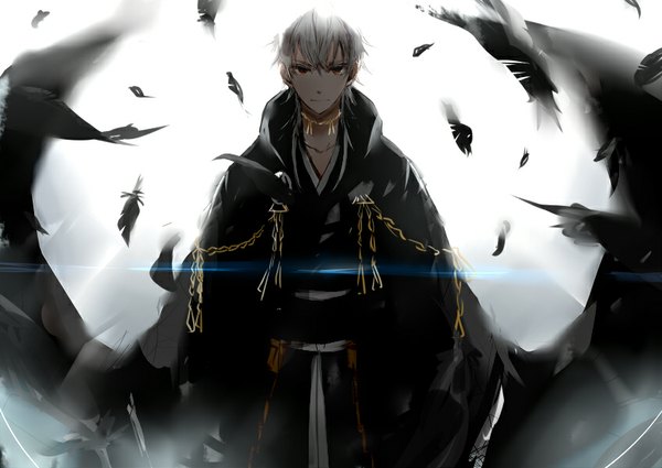 Anime picture 847x600 with touken ranbu nitroplus tsurumaru kuninaga nori (pixiv id2553939) single looking at viewer fringe short hair smile red eyes yellow eyes white hair traditional clothes japanese clothes gradient background black wings alternate color boy wings choker