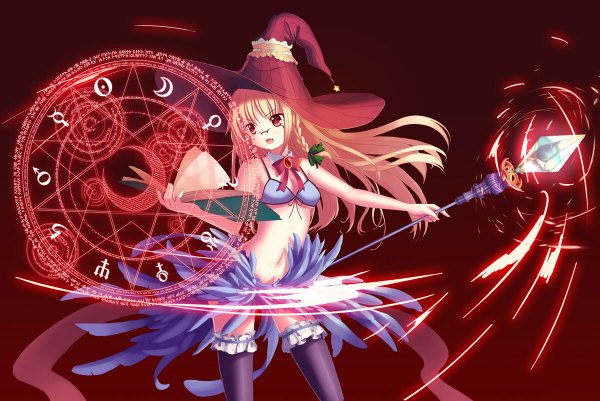 Anime picture 1200x802 with single long hair blonde hair red eyes magic girl thighhighs hat glasses book (books) witch hat staff bikini top magic circle