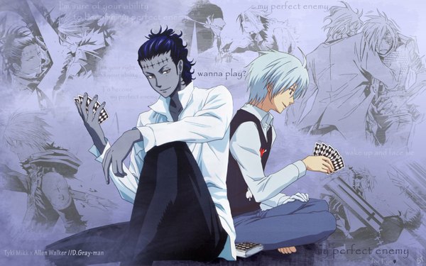 Anime picture 1680x1050 with d.gray-man allen walker tyki mikk short hair wide image yellow eyes blue hair white hair scar back to back blue skin boy shirt pants card (cards)