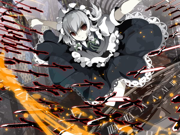 Anime picture 1280x960 with touhou izayoi sakuya uki (room 405) single looking at viewer fringe short hair hair between eyes red eyes braid (braids) grey hair maid twin braids spread arms girl uniform headdress maid headdress knife