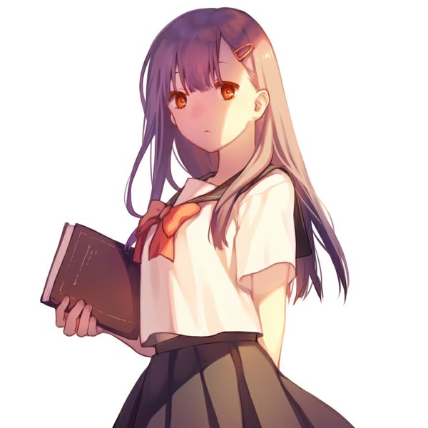 Anime picture 800x800 with original sx (shouhou02) single long hair fringe simple background standing white background holding looking away purple hair pleated skirt girl skirt hair ornament hairclip bowtie book (books)