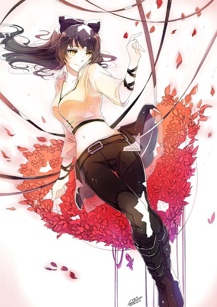 Anime picture 620x877 with rwby rooster teeth blake belladonna ricemo single long hair tall image black hair smile signed yellow eyes looking away ponytail midriff turning head girl navel bow ribbon (ribbons) hair bow