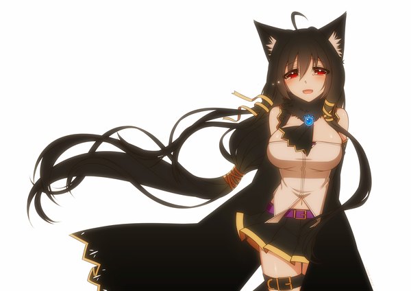 Anime picture 1770x1253 with original pixiv fantasia pixiv fantasia fallen kings konshin single looking at viewer blush highres open mouth black hair red eyes white background bare shoulders animal ears very long hair girl skirt