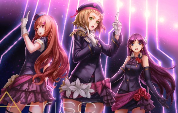 Anime picture 1200x758 with love live! school idol project sunrise (studio) love live! kira tsubasa yuuki anju toudou erena infukun long hair looking at viewer short hair open mouth blue eyes red eyes brown hair multiple girls green eyes purple hair red hair girl dress