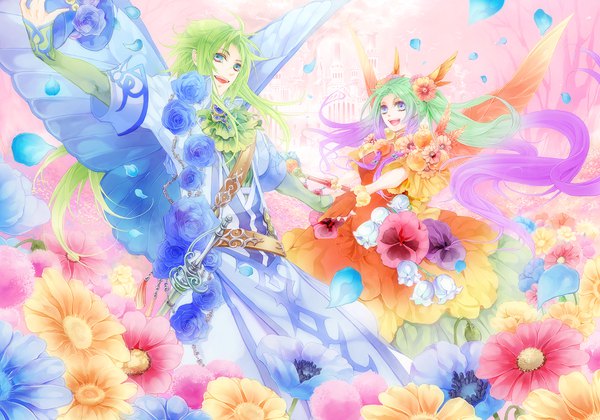 Anime picture 1180x826 with original tottome long hair looking at viewer open mouth blue eyes smile purple eyes holding purple hair ahoge very long hair multicolored hair hair flower green hair aqua hair floating hair holding hands happy bare tree