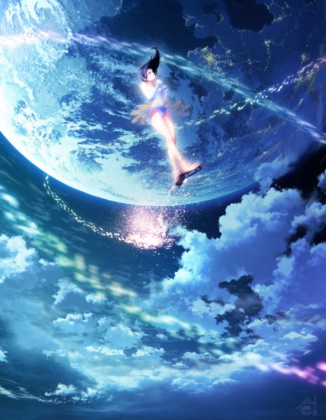 Anime picture 778x1000 with real life asada mao mocha (cotton) single long hair tall image black hair signed sky cloud (clouds) lips legs crossed legs lens flare looking up dancing girl gloves plant (plants) white gloves